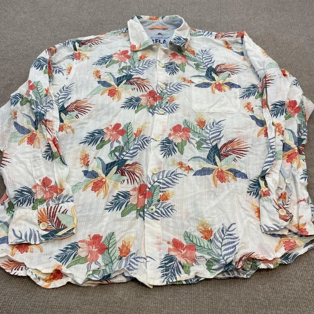 Tommy Bahama Relax Shirt Mens 2XL Multicolor Floral Linen Hawaiian Long Sleeve